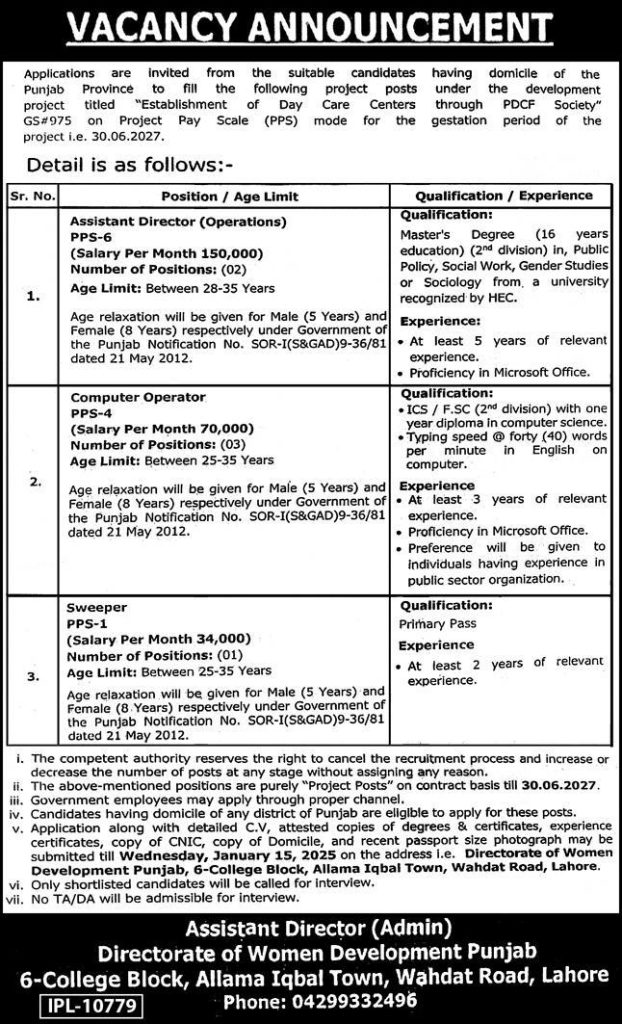 Govt of Punjab Directorate of Women Development Jobs 