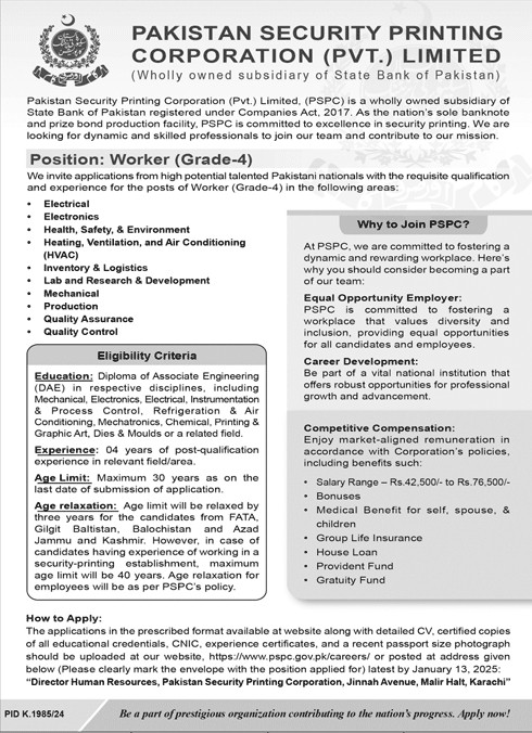 Pakistan Security Printing Corporation PSPC Jobs 