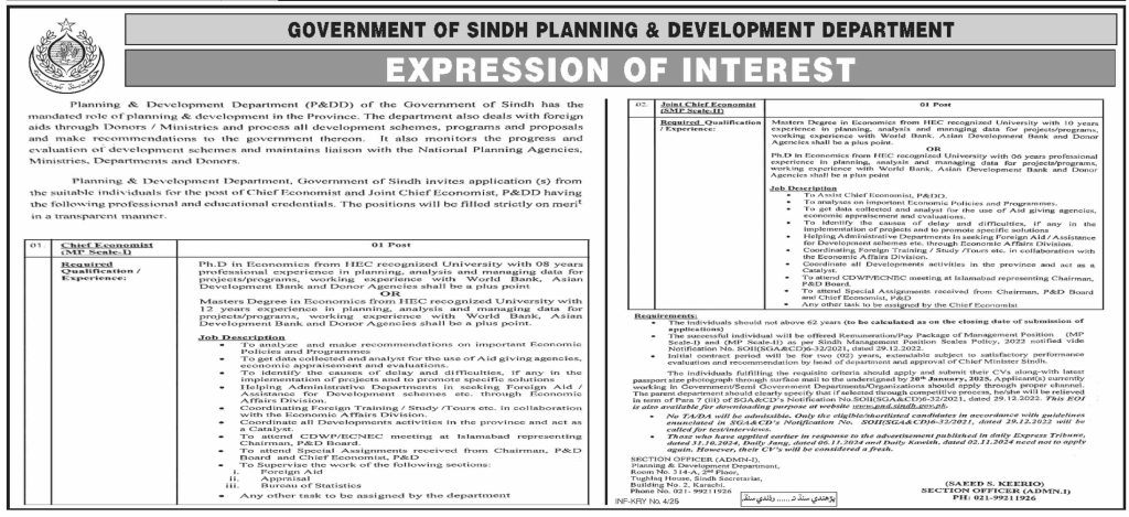 Government of Sindh Planning & Development Department Jobs 