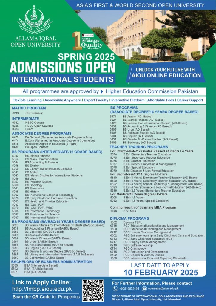 AIOU Spring 2025 Admissions for International Students