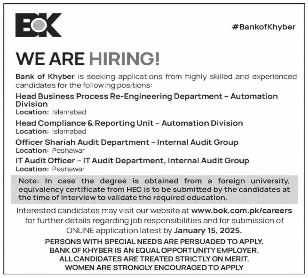 Bank of Khyber BOK Jobs January 2025 