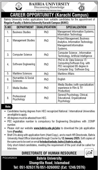 Bahria University Karachi Campus  Jobs 2025 