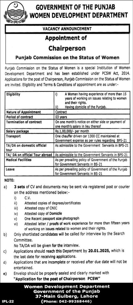 Govt of Punjab Women Development Department Jobs 