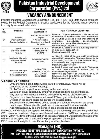 Pakistan Industrial Development Corporation Pvt Ltd Karachi Jobs 2025 