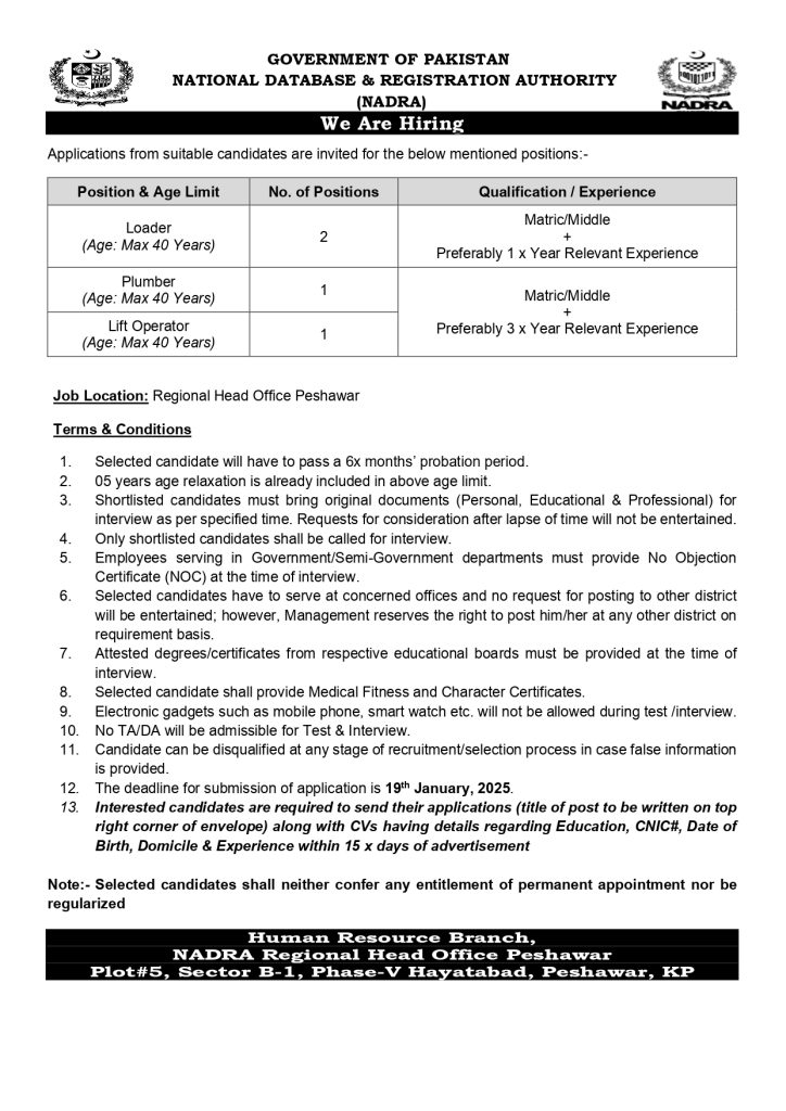 NADRA Regional Head Office Peshawar Jobs 2025 