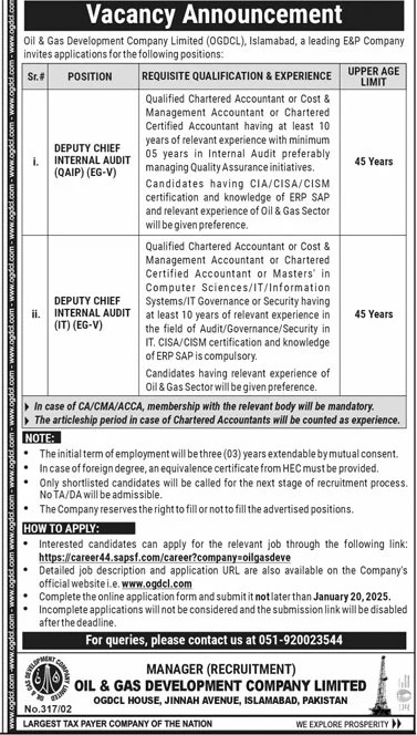 Oil & Gas Development Company Limited Islamabad Jobs 2025 