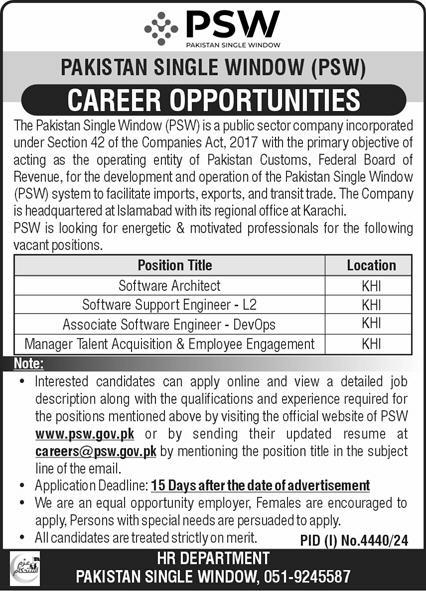 Pakistan Single Window PSW Jobs 