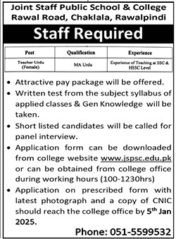 Joint Staff Public School & College Chaklala Rawalpindi Teaching Jobs 