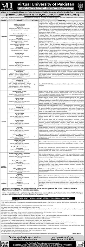 Virtual University VU of Pakistan Jobs 2025